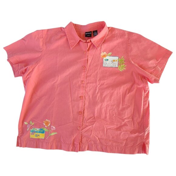 Erika Womens Coral Vacation Postcard Print Button-Up Shirt Size 2X Grandmacore - Picture 2 of 16